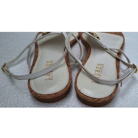 Lauren Ralph Lauren Anita Cork and Leather Flat Sandals White Size 10 Gold Logo - Picture 7 of 10